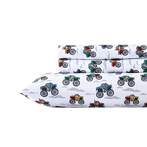 Poppy & Fritz Kids, Full Sheet Set, Stain Resistant Kids Bedding, Soft & Cozy Toddler Bedding Set (Trucks Grey, Full) Poppy & Fritz