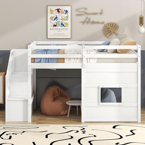 Bellemave Low Loft Bed with Stairs, Twin Size Storage Loft Bed Frame with Staircase and Window, Wood Kids Loft Bed with Steps for Boys Girls Teens, White Bellemave