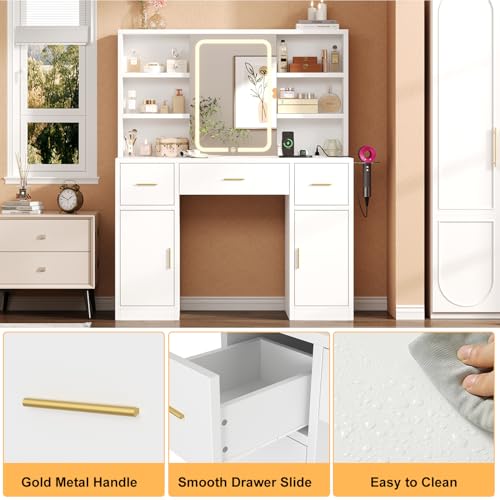 knoworld Vanity Desk with Sliding Mirror & LED Lights, Smart Makeup Table with Charging Station, Hairdryer Holder, 7 Shelves, 3 Drawers, 2 Cabinets, Vanity with Extra Hidden Stroage for Bedroom,White knoworld