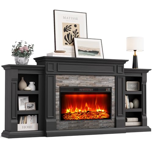 Naice 80" Electric Fireplace with Mantel, Fireplace TV Stand for TVs Up to 90", Modern Entertainment Center, Realistic Stacked Stone Surround 30" 3D Realistic Flame Heater Ideal for Living Room,Black Naice