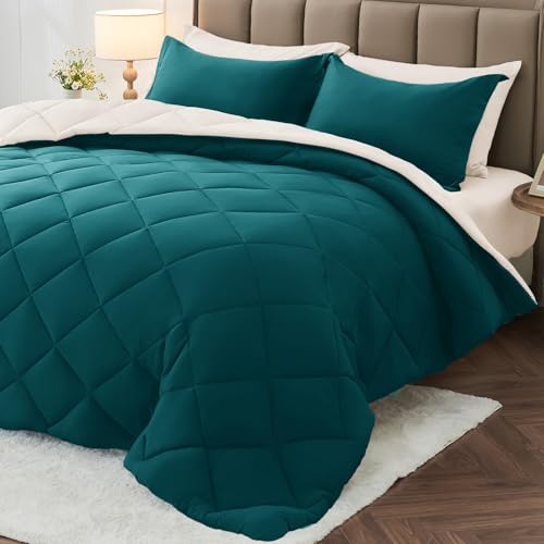 MUXHOMO 7 Pieces Full Comforter Set, Reversible Bed in a Bag Full Size, All Season Bedding Set with Comforter, Flat Sheet, Fitted Sheet, Pillowcases & Shams, Peacock Blue & Ivory MUXHOMO