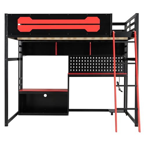 OYUMOENTS Full Size Gaming Loft Bed with Desk and LED Lights, Wood Loft Bed with Storage Shelves & USB Ports, Full Size Loft Beds Frame for Adults Kids Teens, Black+Red OYUMOENTS