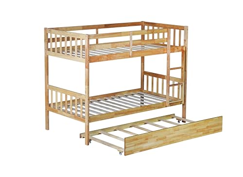 PVWIIK Convertible Bed Frame/Twin Size Rubber Wood Bunk Bed with Trundle for Kids/Boy/Girl Bedroom,Twin Over Twin Bunk Bed with Ladder and Safety Guardrails,No Box Spring Needed,Natural PVWIIK