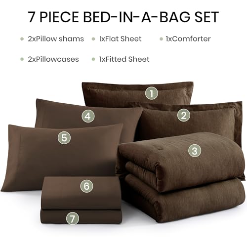 Monbix King Size Comforter Set, Chocolate Brown King Bedding Set Reversible, King Comforter Set 7 Pieces, Cationic Dyeing Bed in a Bag with Comforter, Sheets, Pillowcases & Shams Monbix