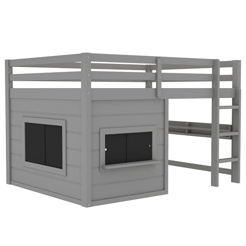 Bellemave Full Size Loft Bed for Kids with Sliding Chalkboard & Bookshelf, Sturdy Wooden Full Loft Bed Frame with Safety Guardrails, Space Saving Kids Loft Beds with Under-Bed Play Space, Grey Bellemave