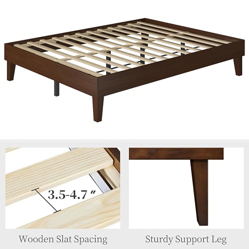 Yaheetech Queen Bed Frame Natural Solid Wood Platform Bed with Wooden Slats Support, 7.3-inch Underbed Space for Storage, Noise-Free Design, Easy Assembly, Dark Walnut Finish Yaheetech