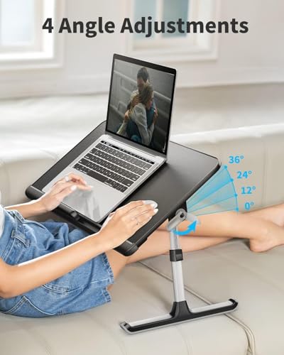 SAIJI Laptop Bed Tray Table, Adjustable PVC Leather Laptop Bed Table, Portable Standing Desk with Storage Drawer, Foldable Lap Tablet Table for Sofa Couch Floor (Dark Black) SAIJI