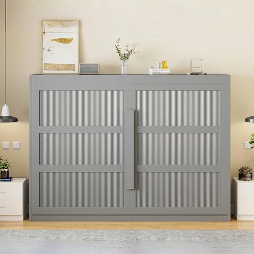 Virubi Queen Horizontal Murphy Bed with LED Lights,Wood Folding Hideaway Fluted Modern Murphy Wall Bed for Adult Guest Room Living Room Bedroom (Grey) Virubi