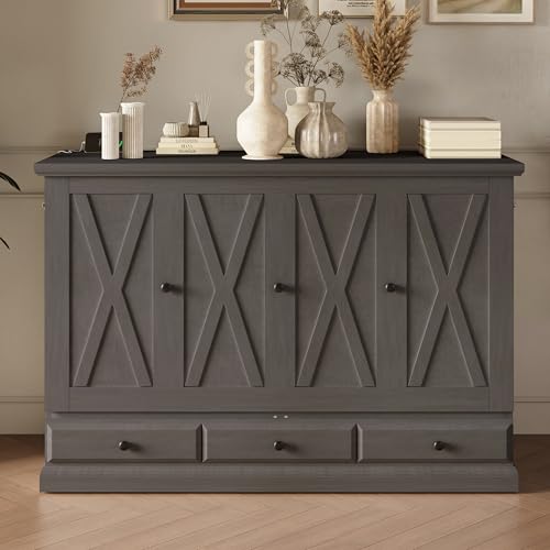PVWIIK Queen Murphy Bed with Drawer & Charging Station for Home Office or Small Room,Solid Pine Chest Cube Cabinet Bed w/Slats Support for Girls/Boys,Modern Style & Space Saving Design,Gray PVWIIK
