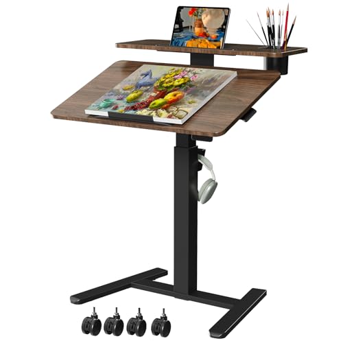 Liftsync 28 inch Mobile Standing Desk On Wheels, Small Computer Workstation Adjustable Height,Rolling Laptop Stand with Tiltable Desktop, 2-Tier Portable Study Table with Storage Shelf, Walnut Liftsync