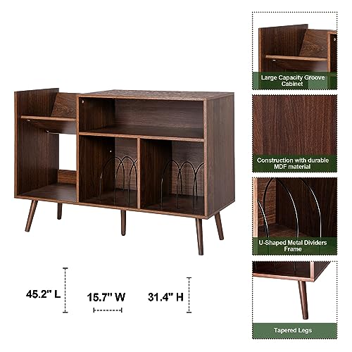 Large Record Player Stand, Mid-Century Vinyl Record Storage Table with Wood Legs and Record Storage, Modern Turntable Stand Holds Up to 300 Albums for Studio, Living Room, Bedroom (Walnut) ORRD