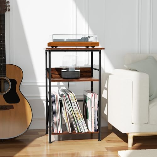 DALEMHOME Record Player Stand with Charging Station, 3-Tier Side Table for 100 Vinyl Storage, End Table for Living Room, Bedroom, Rustic Brown HKET1002BR DALEMHOME