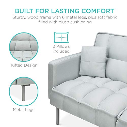 Best Choice Products Convertible Linen Fabric Tufted Split-Back Plush Futon Sofa Furniture for Living Room, Apartment, Bonus Room, Overnight Guests w/ 2 Pillows, Wood Frame, Metal Legs - Light Gray Best Choice Products