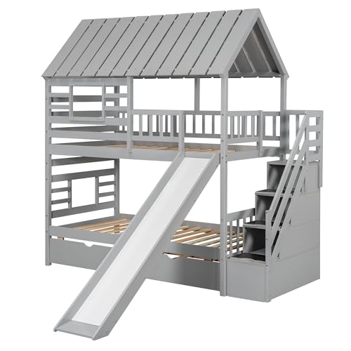 Harper & Bright Designs Twin Over Twin Wood Bunk Bed with Trundle and Staircase, Solid Wood Bunk Bed Frame with Storage, Playhouse Bunk Bed with Roof and Window for Kids, Gray Harper & Bright Designs