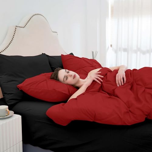 Ubauba 7pc King Size Comforter Set with Sheets, All Season Pintuck 7 Piece Bedding Sets Red and Black, Pinch Pleating Bed in a Bag Set with Comforters (Red and Black,King)