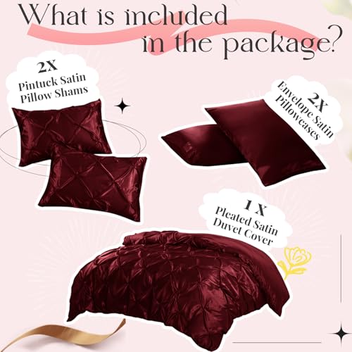 P Pothuiny 5 Pieces Satin Pintuck Duvet Cover Set, Silky Like Burgundy Pinch Pleat Duvet Cover Full/Queen Size Luxury Bedding Set with Corner Ties, 2 Pillow Shams + 2 Pillowcases (No Comforter) P Pothuiny