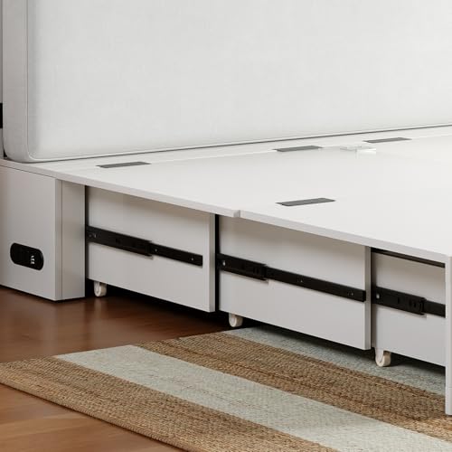 ijuicy Queen Murphy Bed with Storage & Multifunctional Charging Station, Farmhouse Murphy Cabinet Bed with Foldable Panel, Space-Saving Beds for Guest Bedroom, Living Room-White & Brown,with Mattress