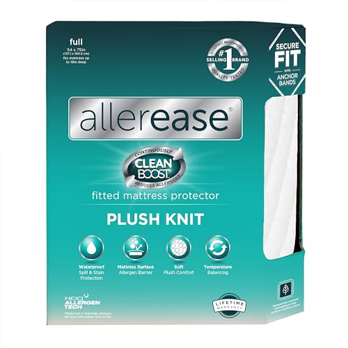 AllerEase CleanBoost Plush Knit Mattress Protector Waterproof Particle Barrier Temperature Balancing Soft Plush Comfort Machine Washable Fitted Cover with Elastic Anchor Bands Mattress Cover, Full Aller-Ease