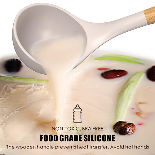 Silicone Cooking Utensils Set - 446°F Heat Resistant Silicone Kitchen Utensils for Cooking,Kitchen Utensil Spatula Set w Wooden Handles and Holder, BPA FREE Gadgets for Non-Stick Cookware (Khaki) oannao