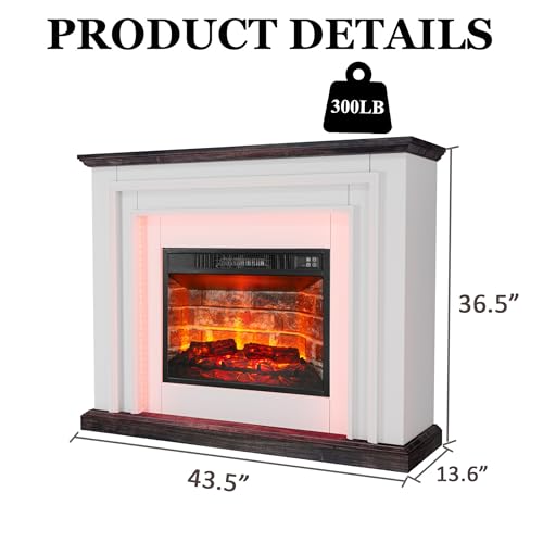 44 Inches LED Lights Electric Fireplace with Mantel, Tall Fireplace Heater Freestanding with Remote Control Timer LED Flame for Living Room, Bedroom, White&Brown BOSHIRO