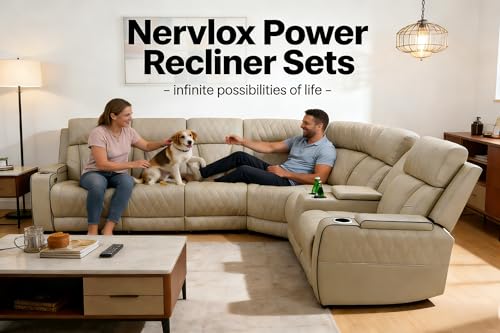 Nervlox Power Reclining Sectional Sofa, L-Shaped Living Room Furniture Set, Light Brown Leather Recliner Sofa, Reclining Sectional Couch with LED/Storage Console/Cup Holder/USB/Type C for Office/Home