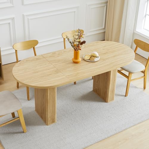 70.8 Inch Kitchen Dining Table for 4-6 People, Oval Kitchen Table with Wood Strip Base, Modern Farmhouse Large Round Dining Room Tables for Living Room (Natural) weselon