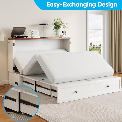 Mjkone 63" Width Queen Size Murphy Bed Cabinet with Charging Station, Mattress Included, Storage Cabinet Murphy Bed Chest Cabinets with Foldable Panel for Guest Small Spaces, Home Offices, White Mjkone