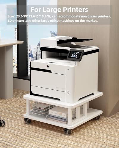 AOOSSI Mobile Printer Stand, 2-Tier Large Printer Shelf for Laser 3D Printer Office Machine with Storage, 23.6"x23.6" Wood Printer Cart Under Desk Rack with Wheels for Office Home Kitchen (White) AOOSSI