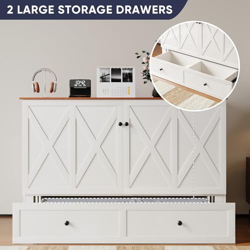 ijuicy Queen Murphy Bed with Storage & Multifunctional Charging Station, Farmhouse Murphy Cabinet Bed with Foldable Panel, Space-Saving Beds for Guest Bedroom, Living Room-White & Brown,with Mattress