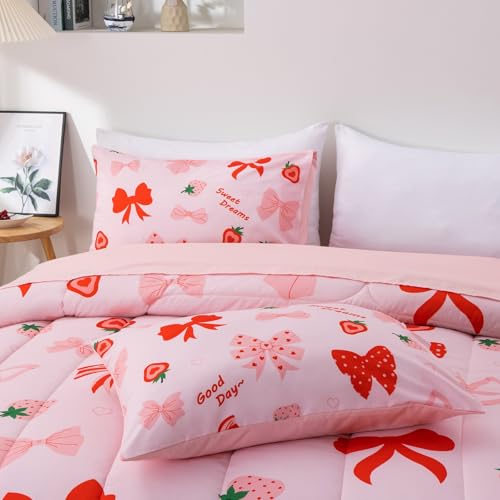 A Nice Night Red Bow Comforter Set,6 Piece Bed in a Bag Matching Sheet Set,Cute Ribbon Bowknot Bedding Sets,Princess Style Strawberry Printed,Light Pink Room Decor for Girls,Twin A Nice Night