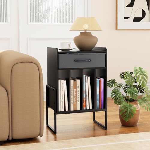LOKO Record Player Stand, Turntable Stand with Drawer & Record Holder, Vinyl Display Shelf with Metal Frame, Record Storage Table for Living Room, Bedroom, Music Room (Black & Grey) LOKO
