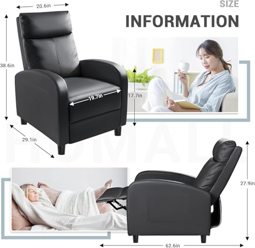 Homall Recliner Chair, Recliner Sofa PU Leather for Adults, Recliners Home Theater Seating with Lumbar Support, Reclining Sofa Chair for Living Room (Black, Leather) Homall