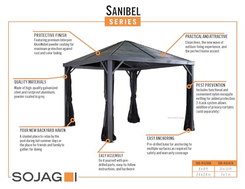 Sojag 8' x 8' Sanibel Hardtop Gazebo Outdoor Weather-Resistant Aluminum Frame Sun Shelter Sojag