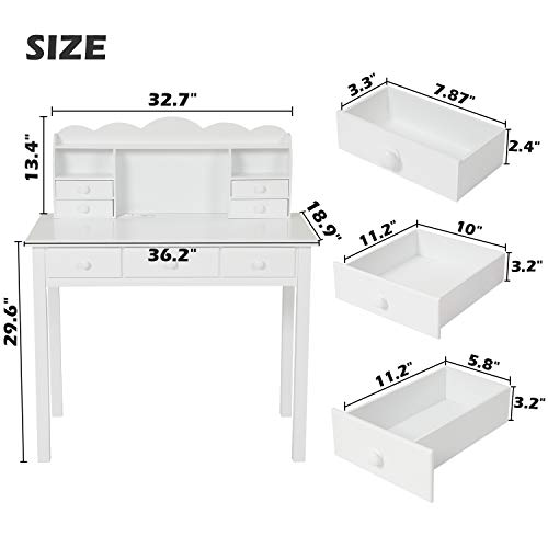 ADORNEVE Writing Desk with USB Port, Home Office Desk with Drawers and Hutch, 36.2" Study Table Computer Desk for Student/Adults, Computer Work Station with Storage Shelf, 7 Drawers, White ADORNEVE
