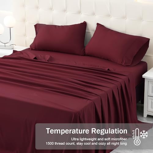 MICORAL Queen Bed Sheets Set, Soft Breathable Bedding Sheet Set, Sheets Set with 16" Deep Pocket Design (4 Pieces, Queen, Wine Red) MICORAL