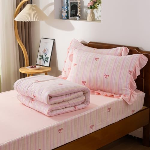 A Nice Night Zipper Bedding Pink Bow Printed on Colorful Rainbow Background Zippered Kids Comforter Set,Seersucker Chic Style Ultra Soft,Twin A Nice Night