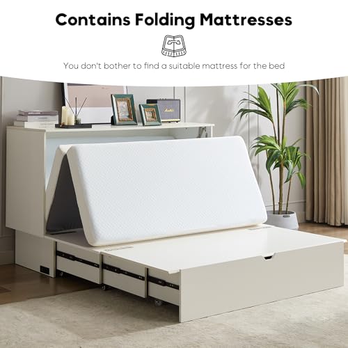 ZEIINPA Queen Size Murphy Bed Cabinet with Charging Station & Storage Drawer, Wall-Mounted Tri-Fold Mattress Space Saver for Bedroom, Living Room, Office (White) ZEIINPA