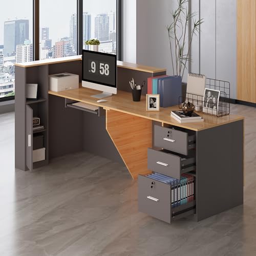Zethvax L-Shaped Reception Desk,Large Front Desk with Keyboard Tray, Lockable Drawers & File Cabinet, Receptionist Desk for Checkout,Lobby (Right L-Natural Wood/Slate Gray, 71''L x 23.6''W x 41.3''H) Zethvax