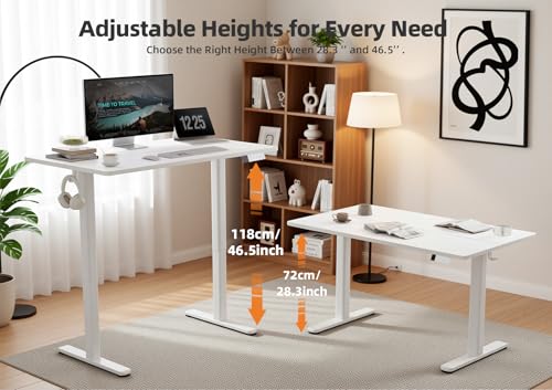 Seang Electric Height Adjustable Standing Desk, 55 x 24 Inch Sit-Stand Desk with T-Shaped Frame, 3 Memory Presets & Cable Management for Home Office Computer Workstation, White Frame/White Top Seang