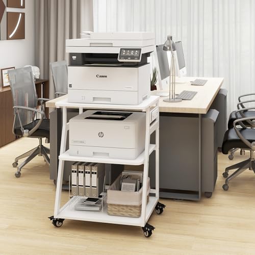Natwind 23.6"x19.7" Large Printer Stand,3 Tier Printer Table with Charging Station, Rolling Cart with Adjustable Storage Shelf for Home Office Organization, Stand for Heat Press,3D Printer (White)