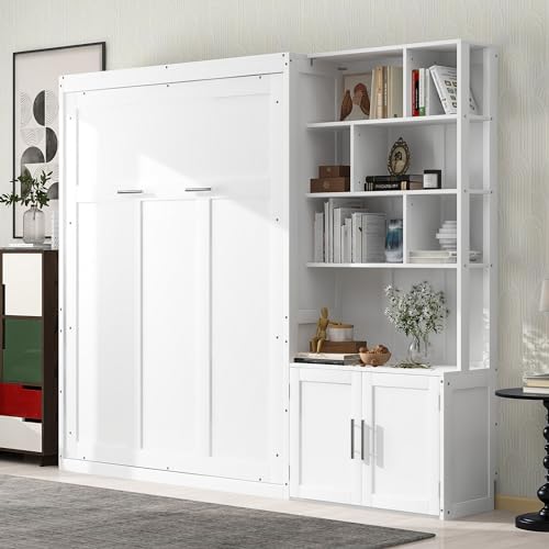MERITLINE Full Murphy Bed with Cabinet and Storage Shelves, Wood Hideaway Murphy Wall Bed with Storage Bookcase for Adults (White,Full) MERITLINE