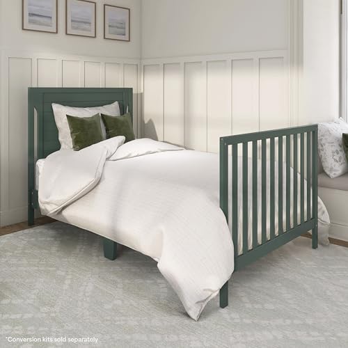 Dream On Me Bellport 4-in-1 Convertible Mini Baby Crib, Compact Design in Safari Green, GreenGuard Gold & BSA, Non-Toxic, Pinewood, Converts to Mini Daybed & Twin Bed, 1″ Mattress Pad