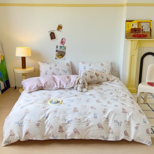 LIWHENHAO Cat Duvet Cover Set Queen 100% Cotton Bedding Cartoon Brown Gray Pink Pet Cats on White 1 Cute Kawaii Animal Comforter Cover Full 2 Pillowcases for Kids Girls Boys Woman LIWHENHAO