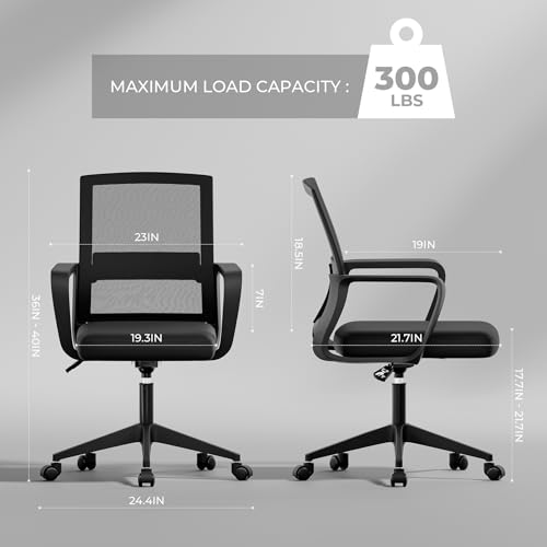 SUKIDA Desk Chair Mesh Office Chair with Upholstery Executive Office Chair with Armrests, Mid-Back Task Chair Height-Adjustable Computer Chair, Black SUKIDA