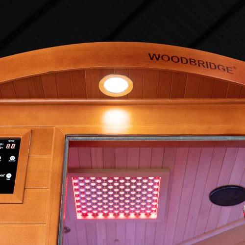 WOODBRIDGE Infrared Sauna Room 2 Person Japanese Cedar Indoor Corner Sauna with 7 Carbon Heaters, Red Light Therapy,Bluetooth Speaker,Intelligent Dual Control System,Tempered Glass,Exterior Brim Light WOODBRIDGE