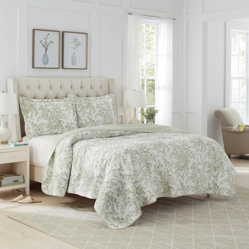 Laura Ashley - Twin Quilt Set, Reversible Cotton Bedding with Matching Sham, Lightweight Home Decor for All Seasons (Bedford Green/Off-White, Twin) Laura Ashley