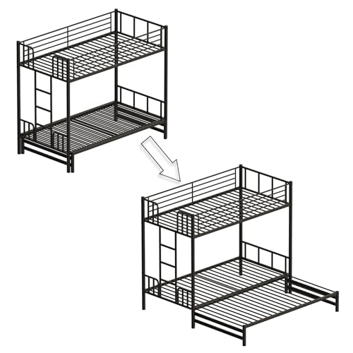 DNChuan Twin Over Twin to King Bunk Bed with Pop Up Trundle, Can Be Divided Into 2 Beds for Kids Boys Adults Girls, Metal Frame with Headboard and Footboard, Black DNChuan