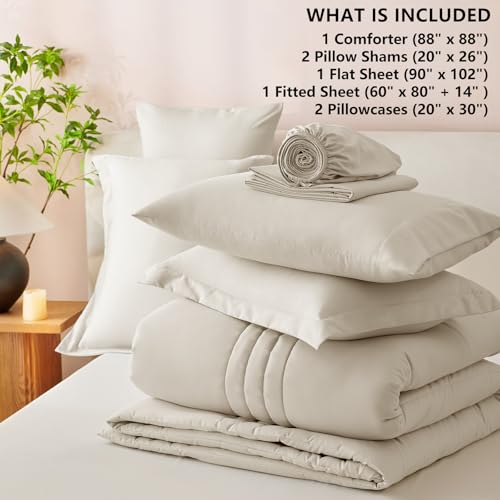 CozyLux Queen Size Comforter Sets - 7 Piece Bed in a Bag Beige Comforter Set with Sheets Luxury Queen Bed Set All Seasons, Soft Bedding Set with Down Alternative Comforter, Sheets, Pillowcases & Shams CozyLux