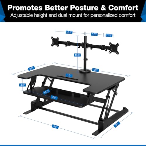 Mount-It! Standing Desk Converter Dual Monitor, 2 Screen Mounts Included, Height Adjustable Desk Riser in Black, Stand Up Desk Convertor Large 36" Wide, Sit Stand Convertor with Manual Lift Gas Spring Mount-It!