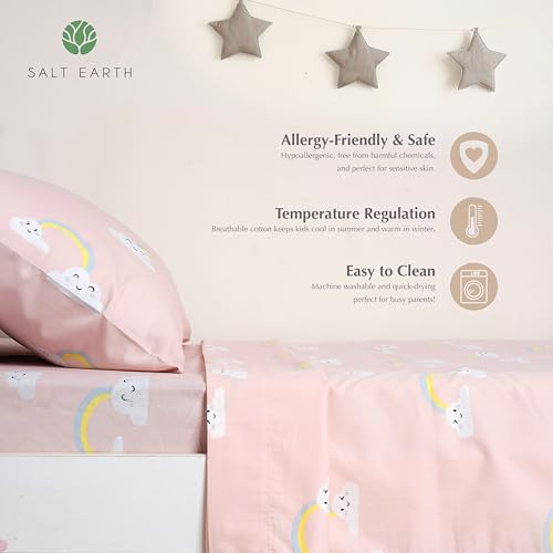 Salt Earth 100% Cotton 210TC Kids Bedsheet, Twin Sheets Set for Toddler Bed, 3 Piece Bedding Set Including Flat Sheet, Fitted Sheet, and Pillowcase, Themed Cute Sheets for Playful Kids Bed(Rainbow) Salt Earth